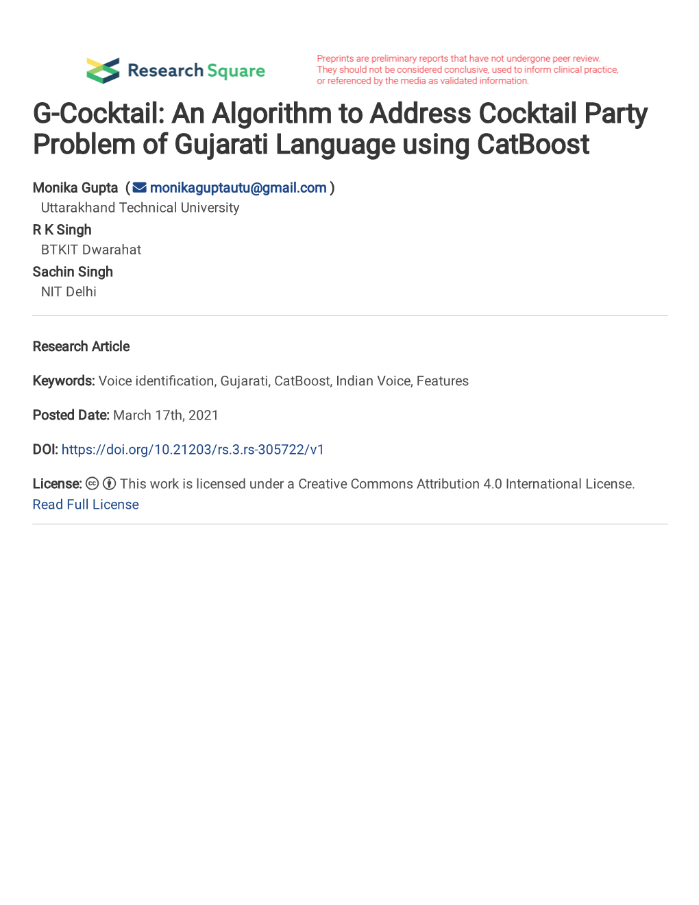 An Algorithm to Address Cocktail Party Problem of Gujarati Language Using Catboost