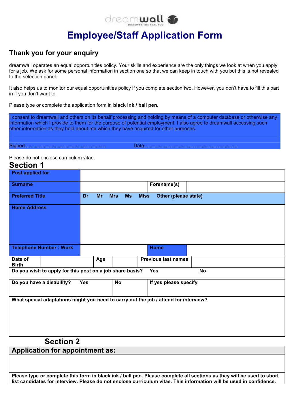 Staff Application Form