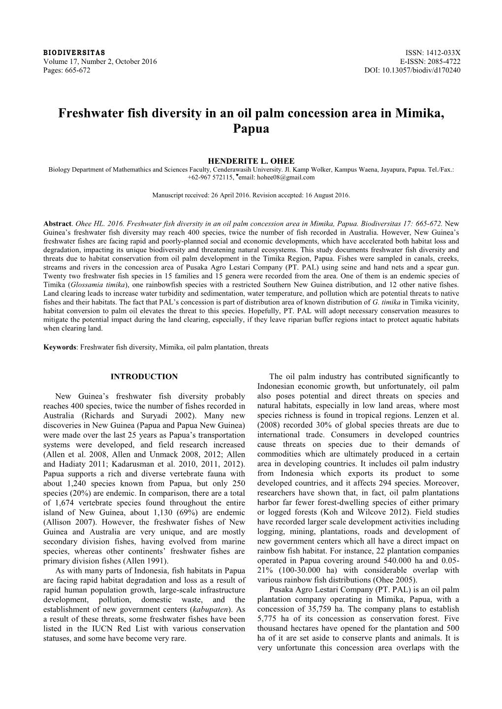 Freshwater Fish Diversity in an Oil Palm Concession Area in Mimika, Papua