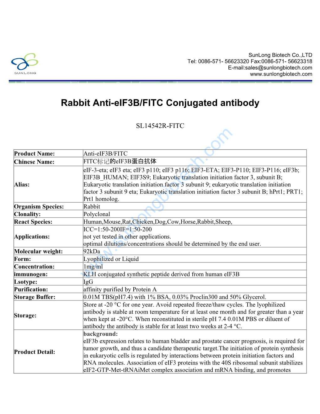 Rabbit Anti-Eif3b/FITC Conjugated Antibody-SL14542R-FITC