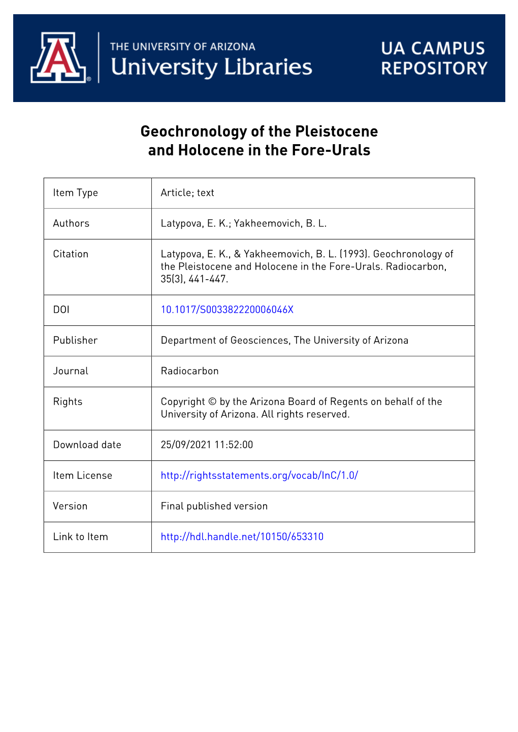 Geochronology of the Pleistocene and Holocene in the Fore-Urals