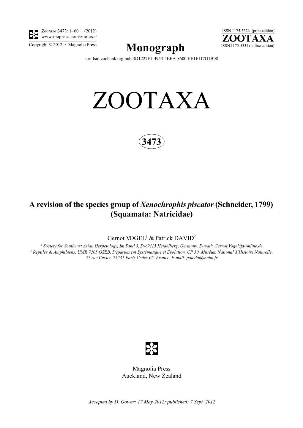 A Revision of the Species Group of Xenochrophis Piscator (Schneider, 1799) (Squamata: Natricidae)