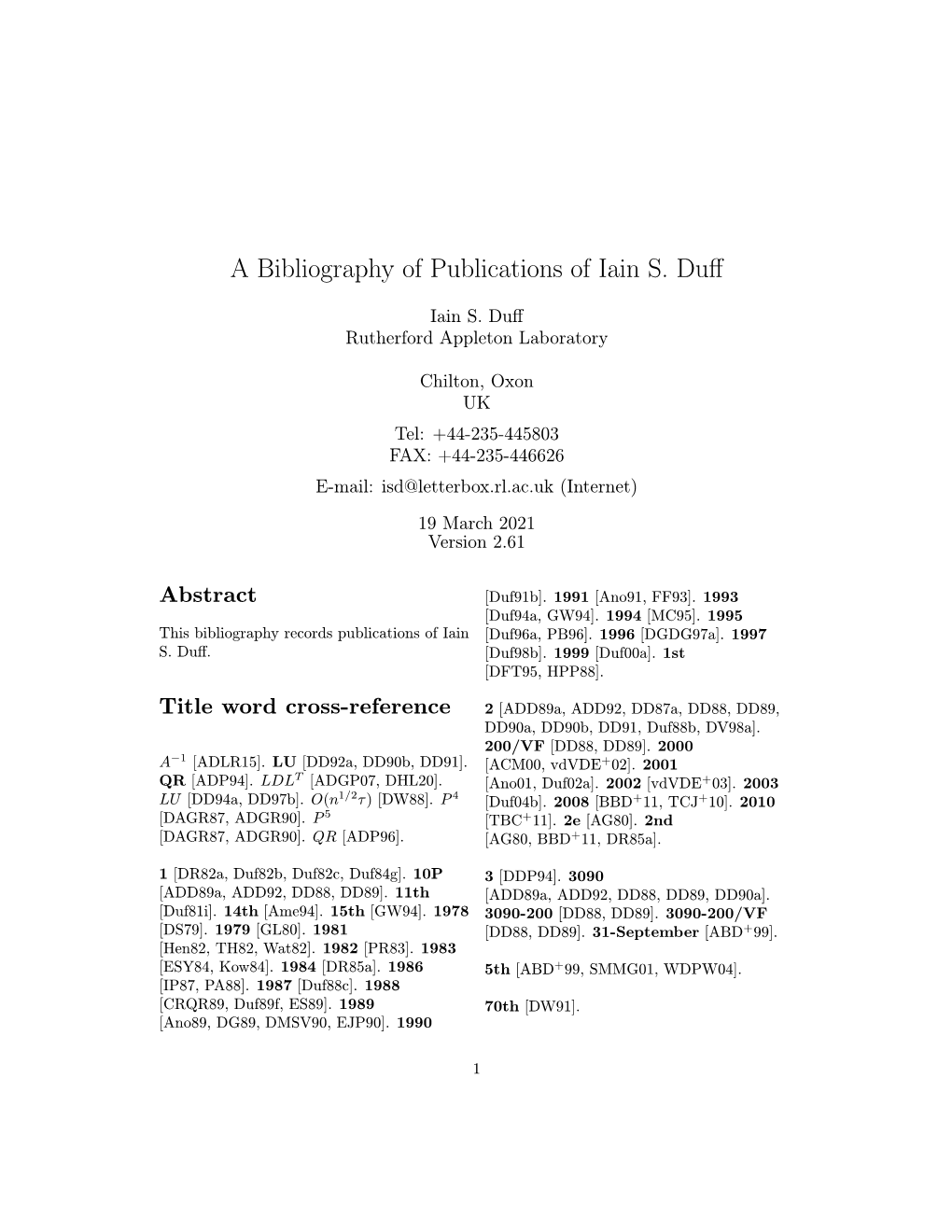 A Bibliography of Publications of Iain S. Duff