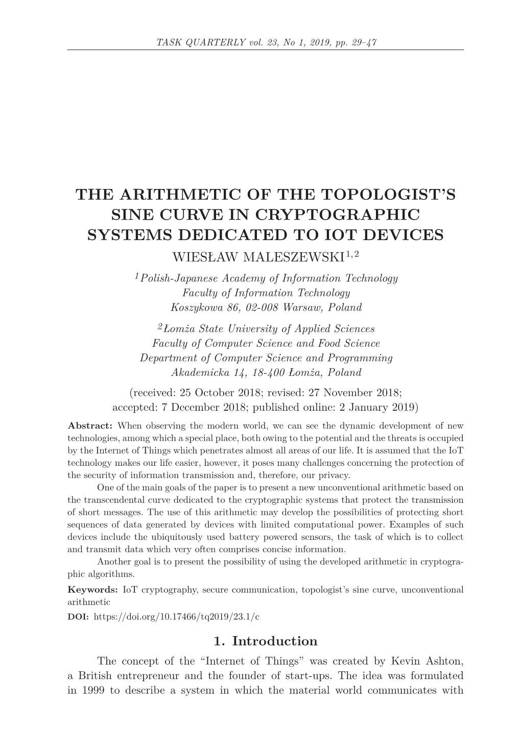 The Arithmetic of the Topologist's Sine Curve in Cryptographic Systems Dedicated to Iot Devices