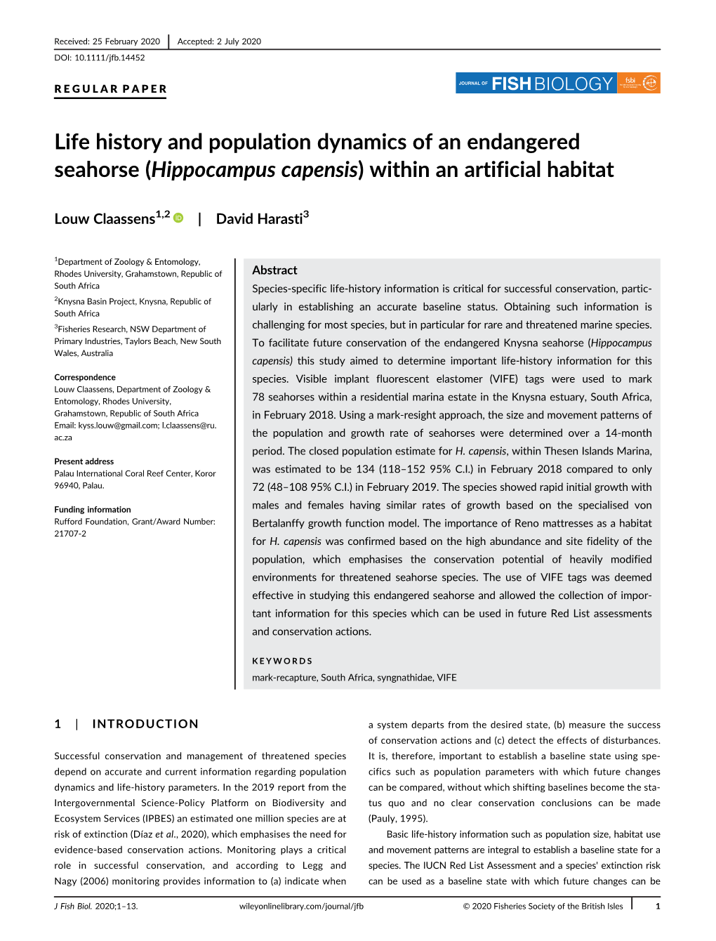 Life History and Population Dynamics of an Endangered Seahorse (Hippocampus Capensis) Within an Artificial Habitat