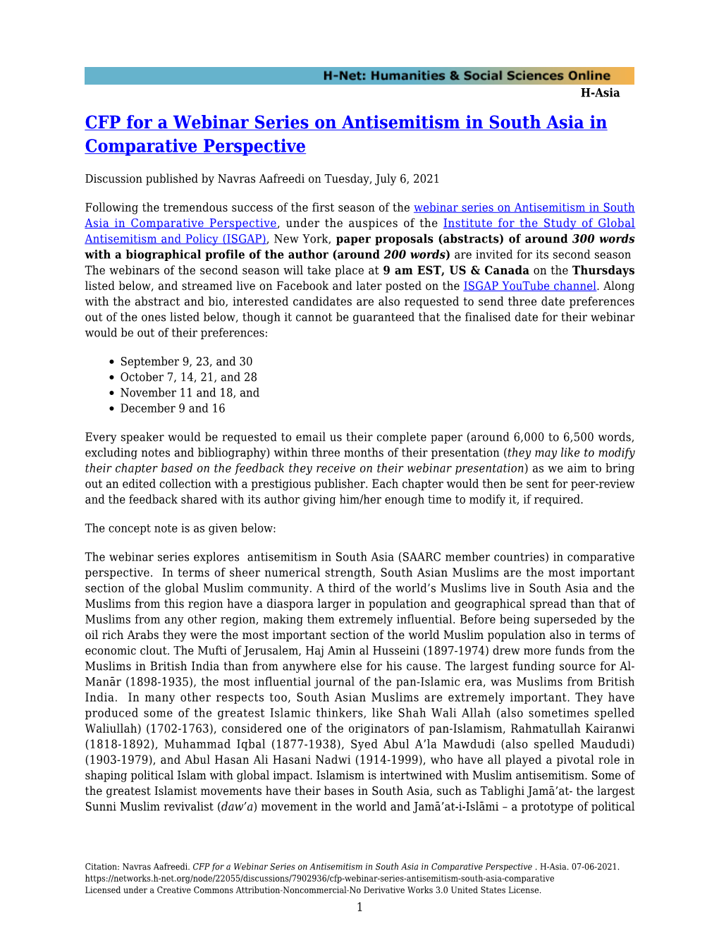 CFP for a Webinar Series on Antisemitism in South Asia in Comparative Perspective