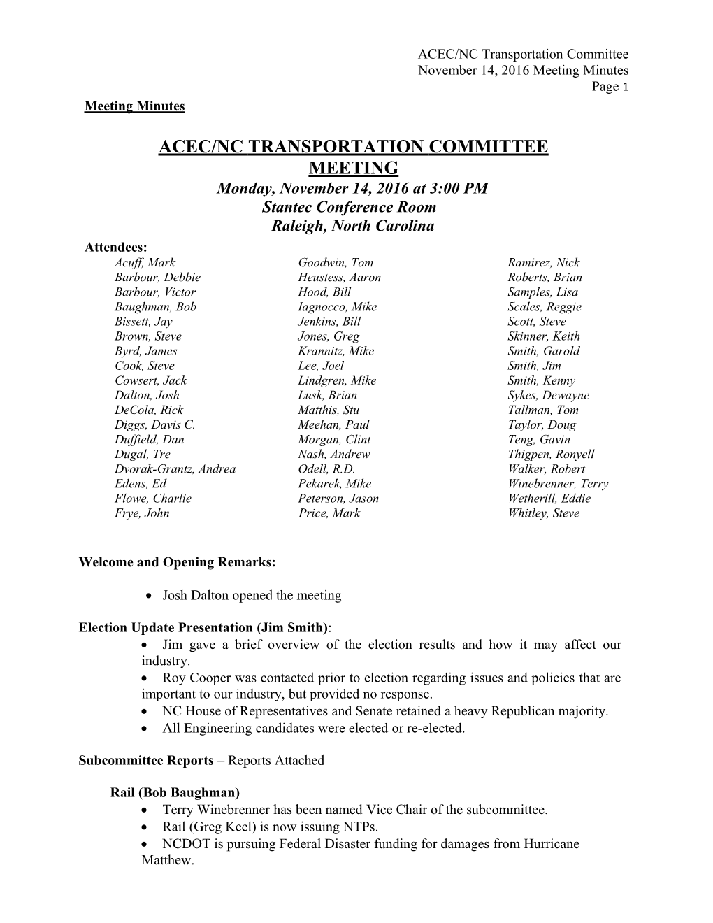 Acec/Nc Transportation Committee Meeting