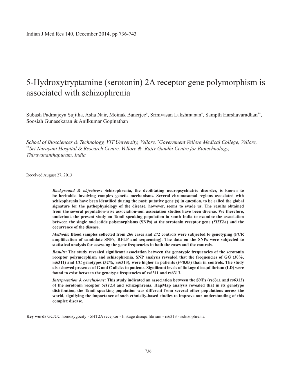 Serotonin) 2A Receptor Gene Polymorphism Is Associated with Schizophrenia