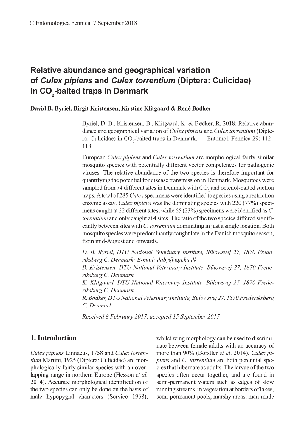 Diptera: Culicidae) in CO -Baited Traps in Denmark 2