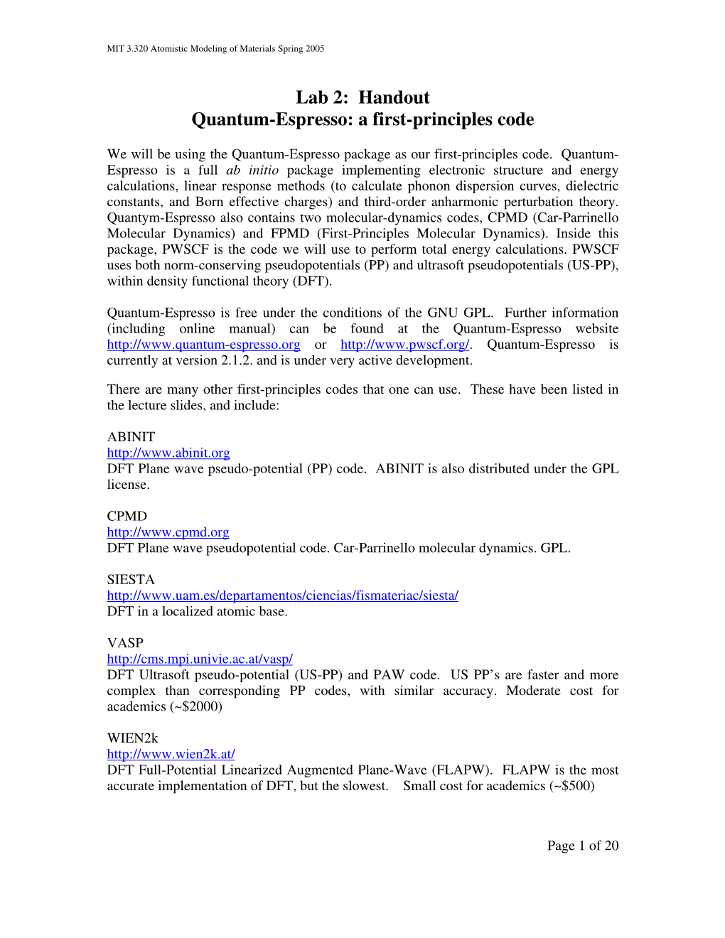 Lab 2: Handout Quantum-Espresso: a First-Principles Code