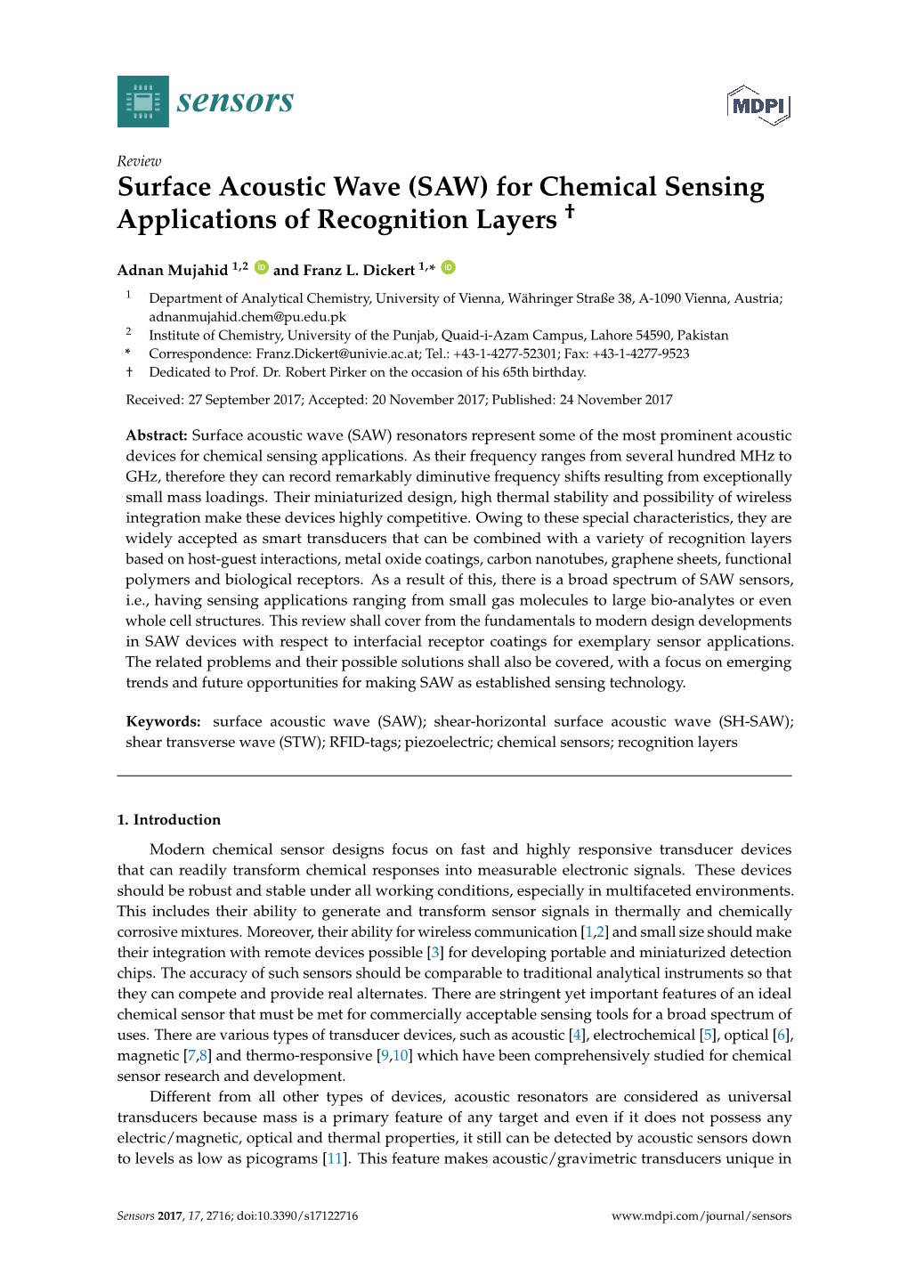 Surface Acoustic Wave (SAW) for Chemical Sensing Applications of Recognition Layers †