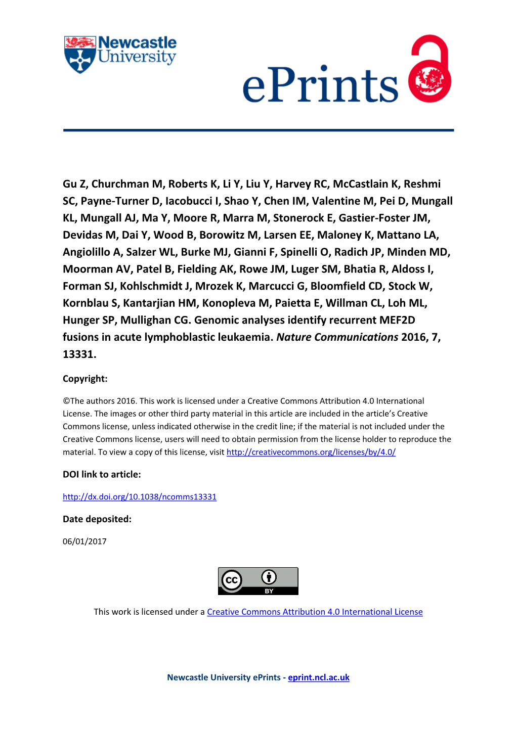 Genomic Analyses Identify Recurrent MEF2D Fusions in Acute Lymphoblastic Leukaemia