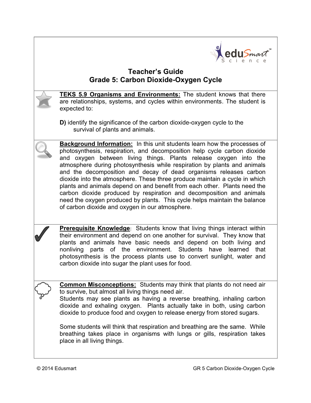 Teacher's Guide Grade 5: Carbon Dioxide-Oxygen Cycle