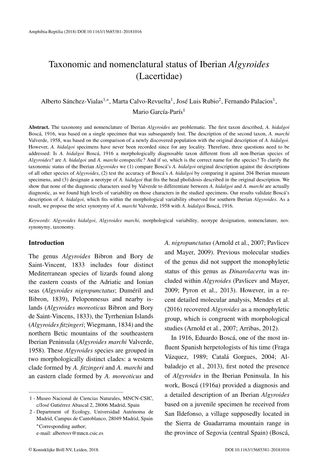 Taxonomic and Nomenclatural Status of Iberian Algyroides (Lacertidae)