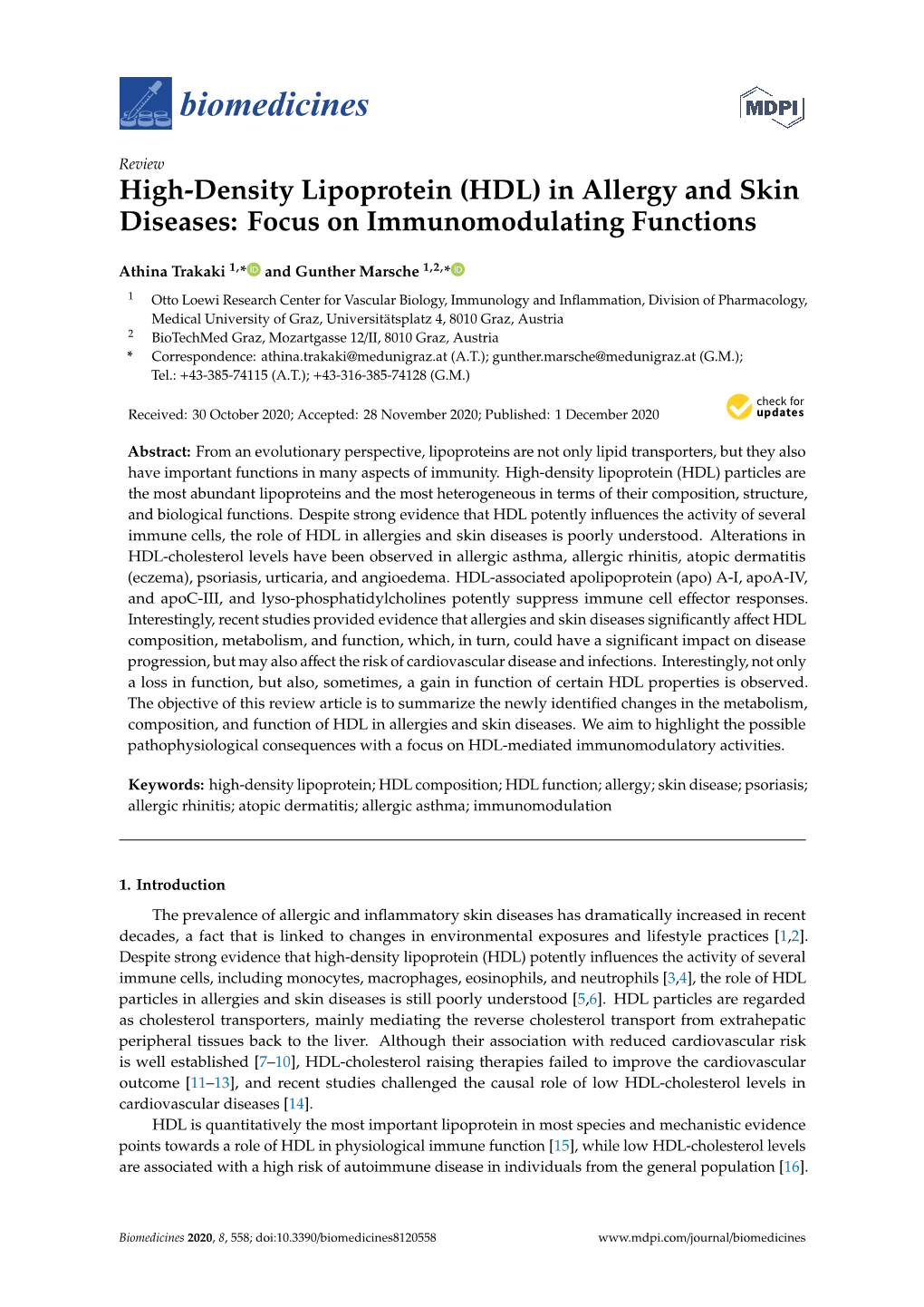 HDL) in Allergy and Skin Diseases: Focus on Immunomodulating Functions