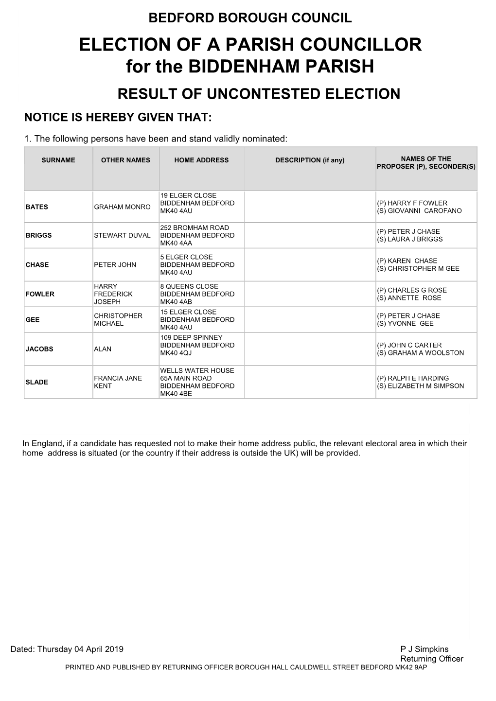 ELECTION of a PARISH COUNCILLOR for the BIDDENHAM PARISH RESULT of UNCONTESTED ELECTION NOTICE IS HEREBY GIVEN THAT