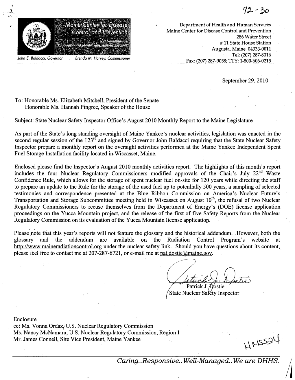 State Nuclear Safety Inspector Office's August 2010 Monthly Report to the Maine Legislature