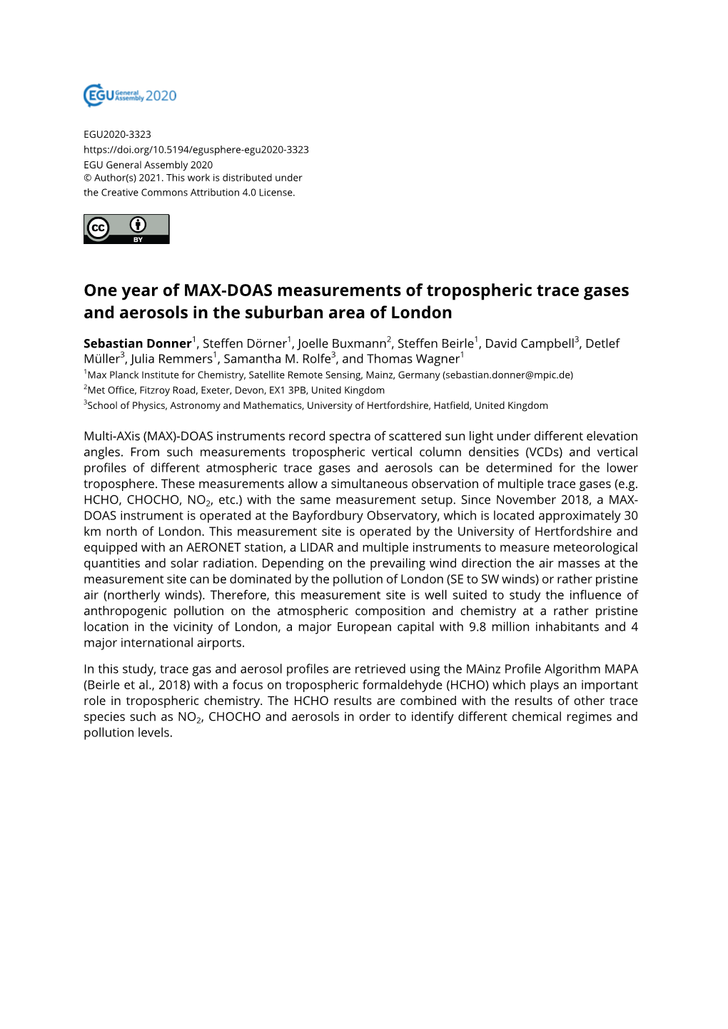 One Year of MAX-DOAS Measurements of Tropospheric Trace Gases and Aerosols in the Suburban Area of London