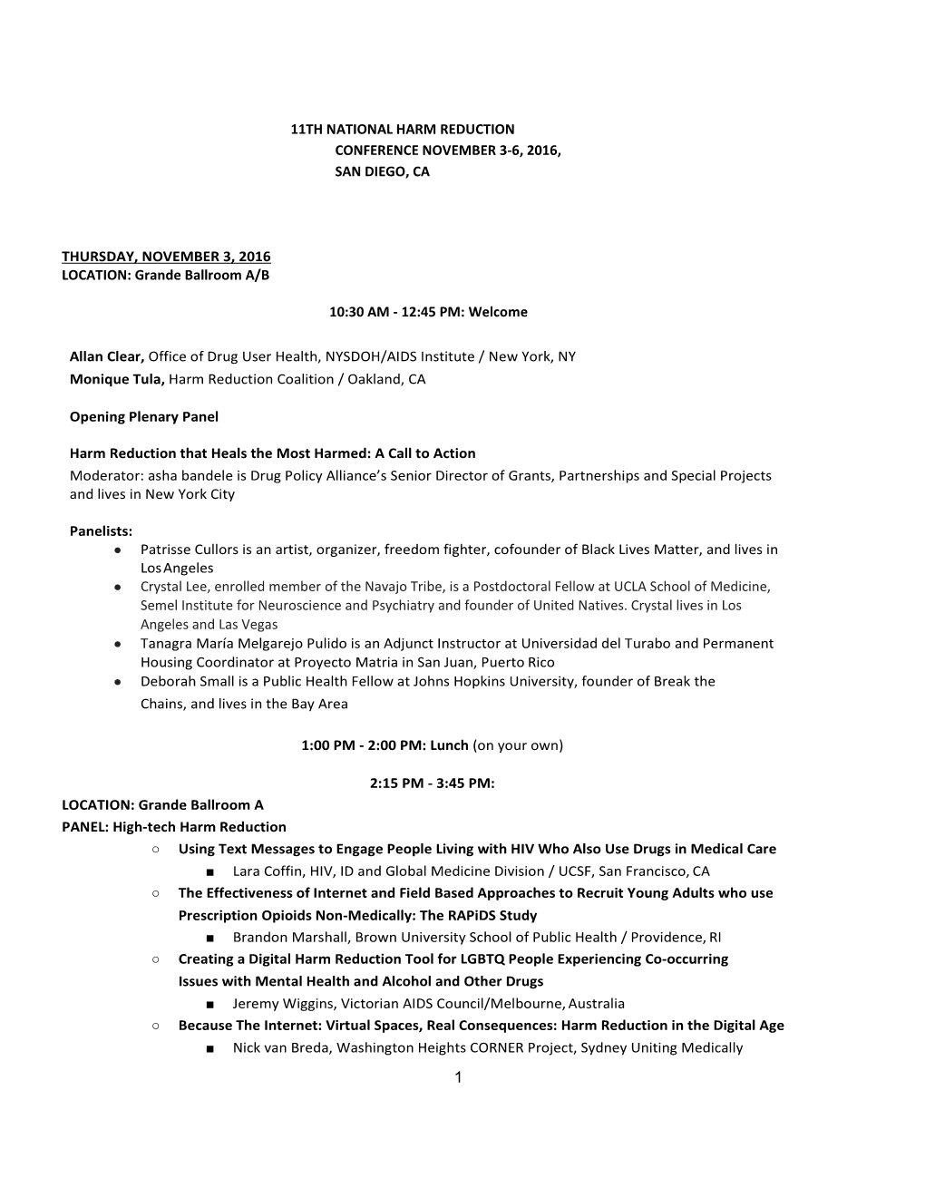 11Th National Harm Reduction Conference November 3-6, 2016, San Diego, Ca