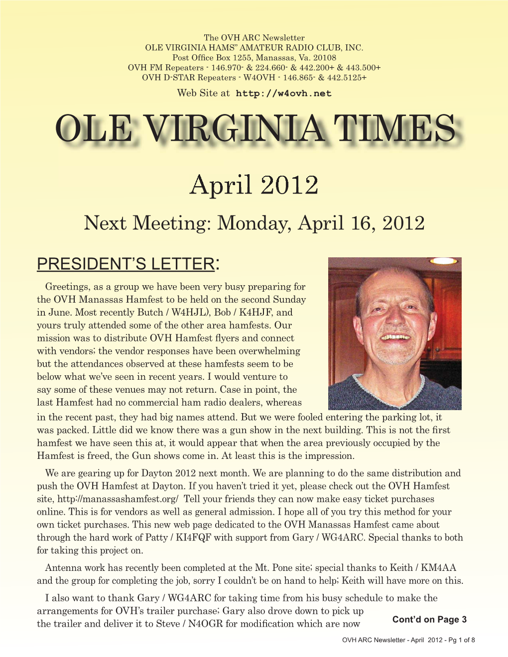 OLE VIRGINIA TIMES April 2012 Next Meeting: Monday, April 16, 2012