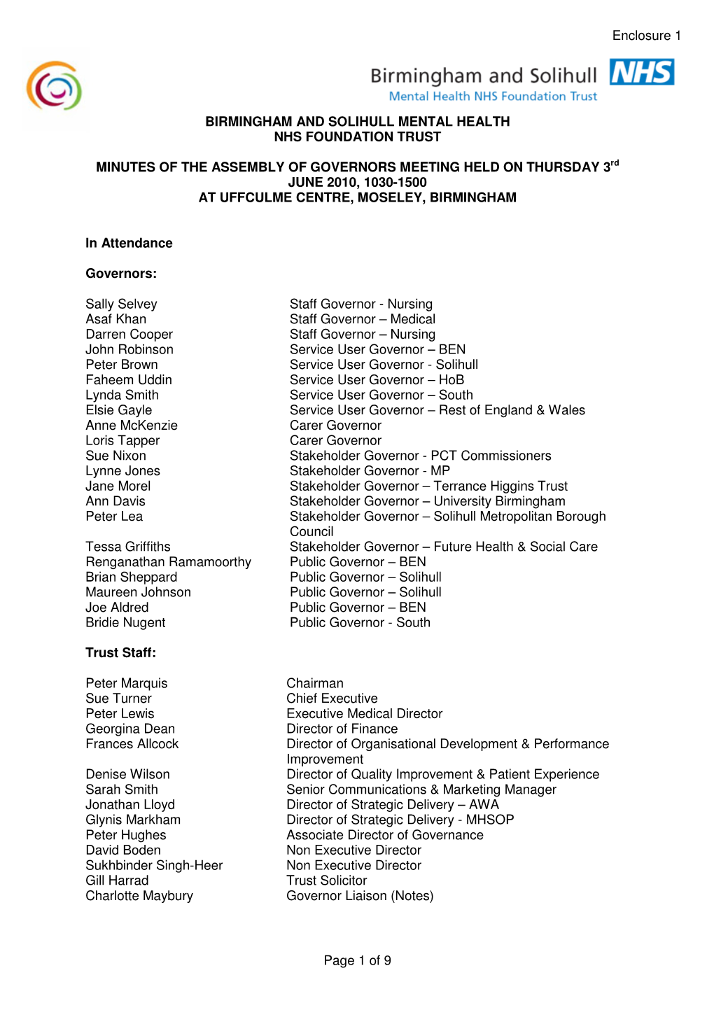 Enclosure 1 Page 1 of 9 BIRMINGHAM and SOLIHULL