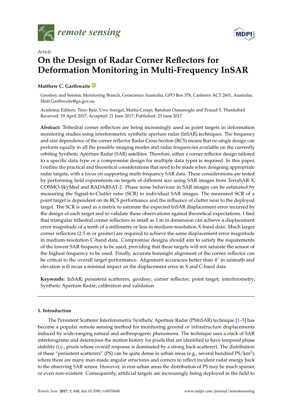 On the Design of Radar Corner Reflectors for Deformation