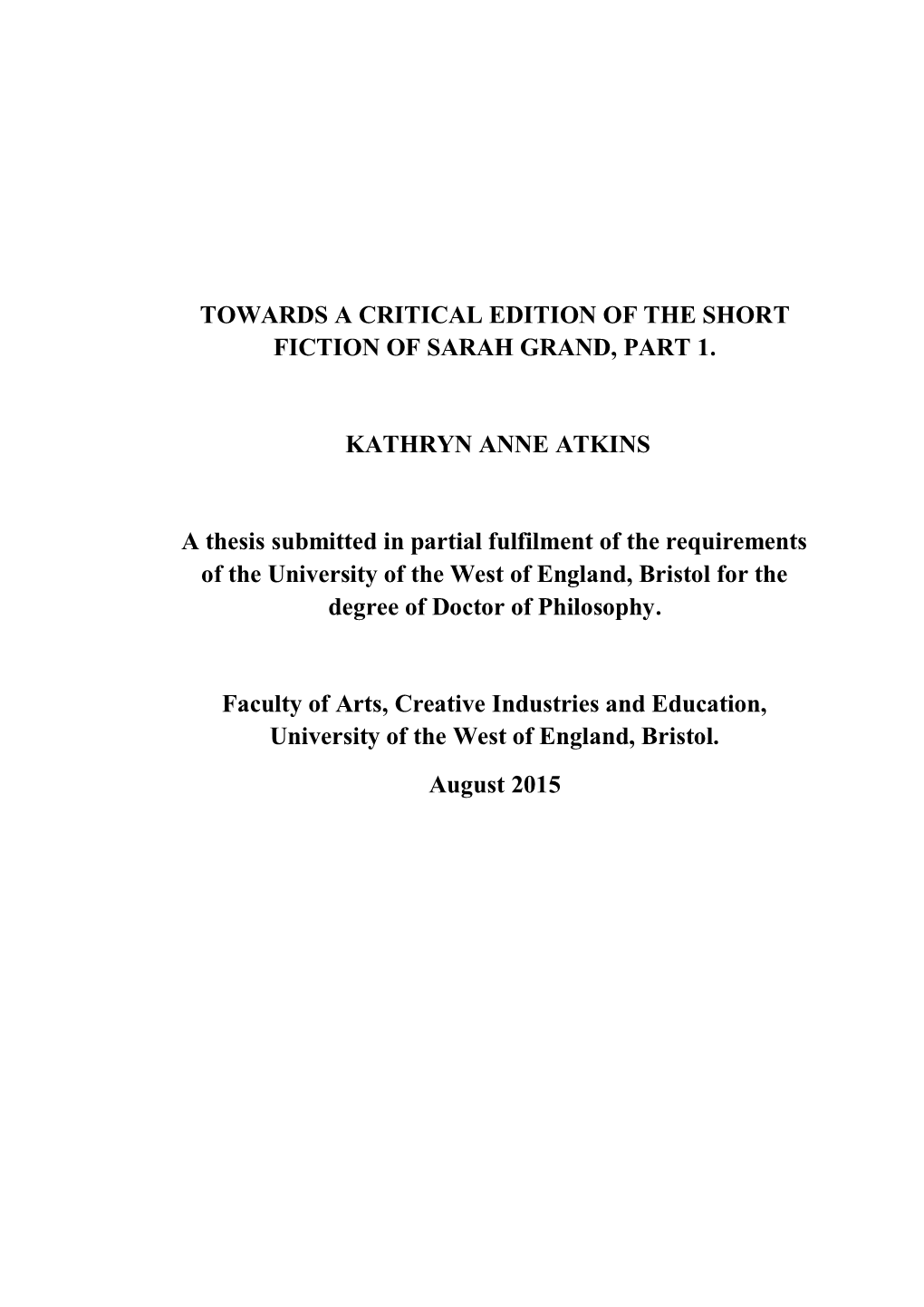 Towards a Critical Edition of the Short Fiction of Sarah Grand, Part 1