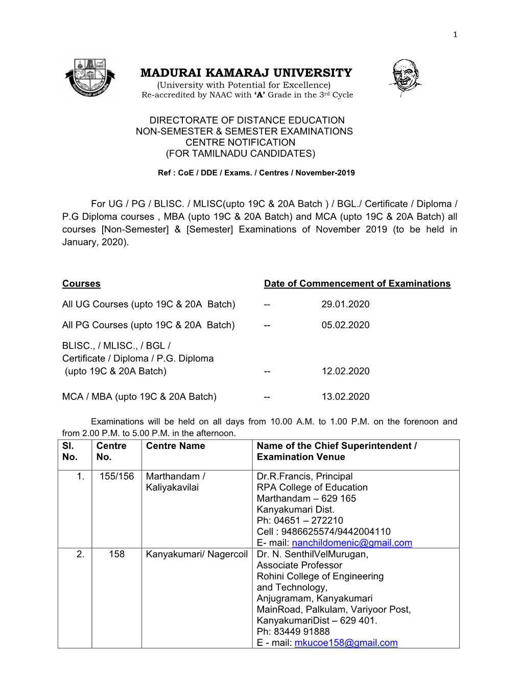 DDE TN Exam. Centre List