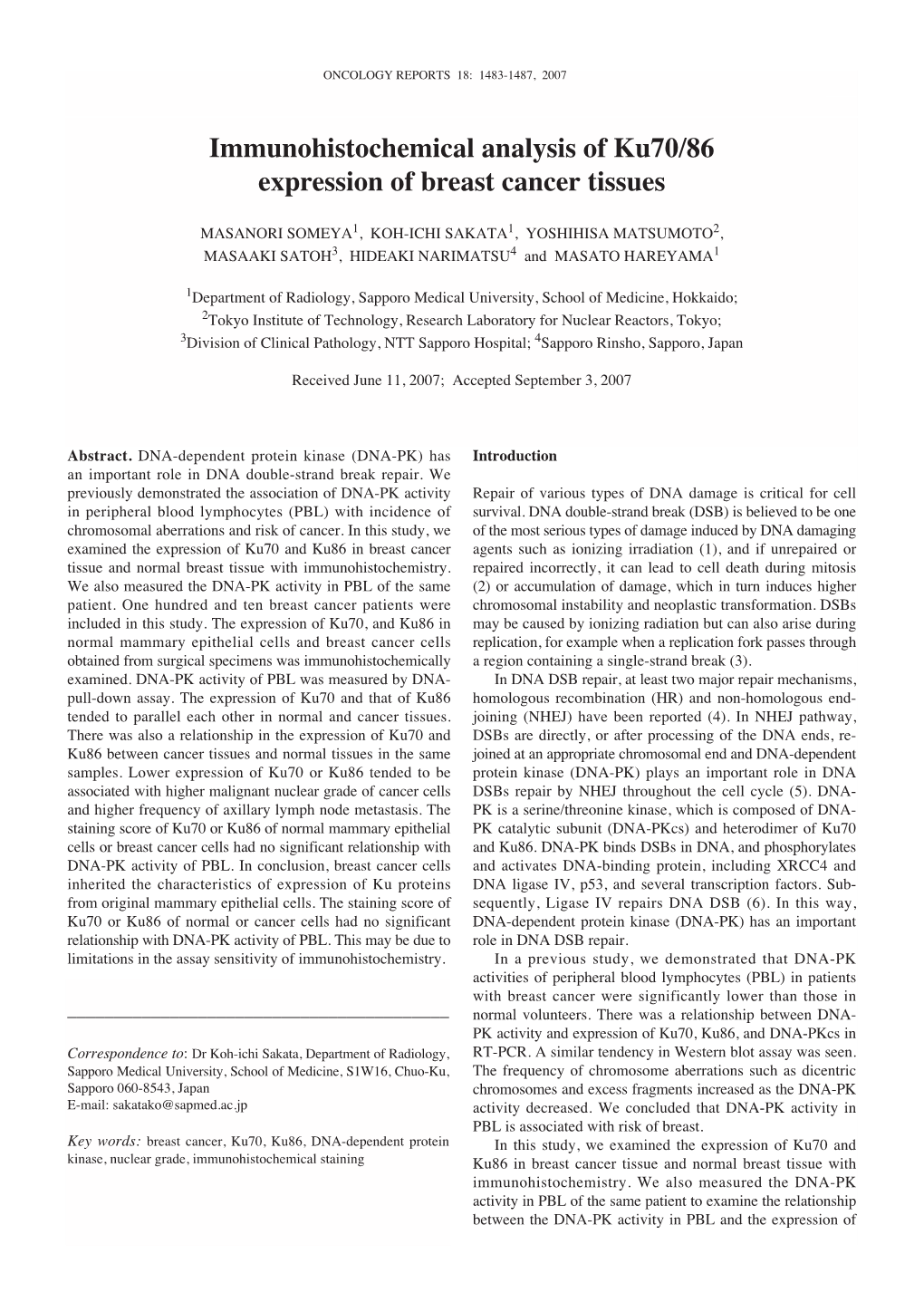 Immunohistochemical Analysis of Ku70/86 Expression of Breast Cancer Tissues