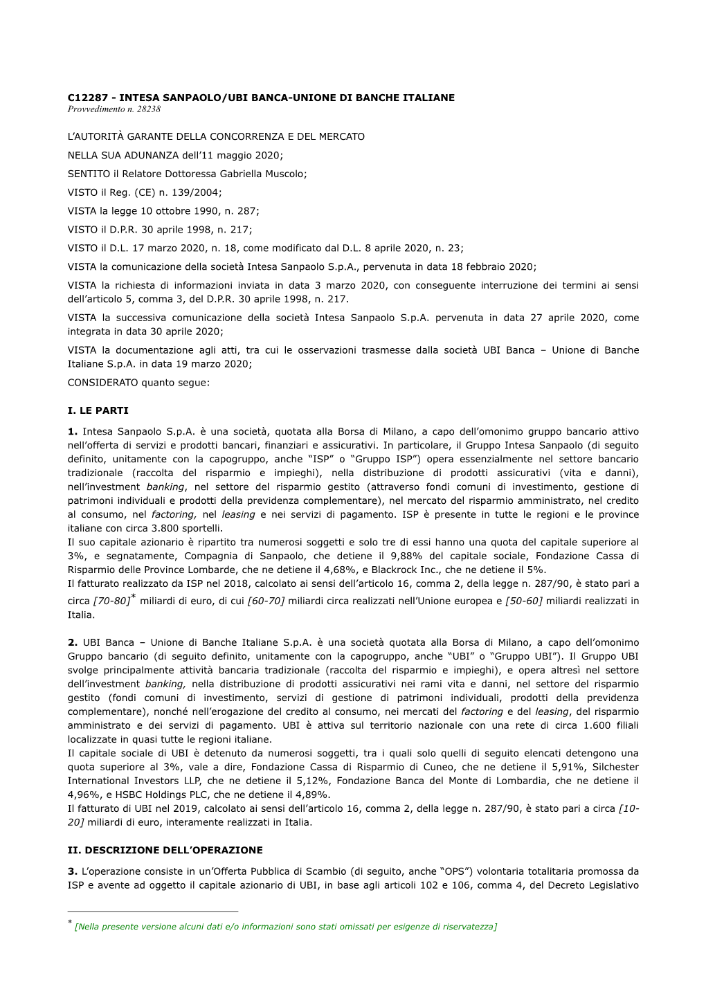 C12287 - INTESA SANPAOLO/UBI BANCA-UNIONE DI BANCHE ITALIANE Provvedimento N