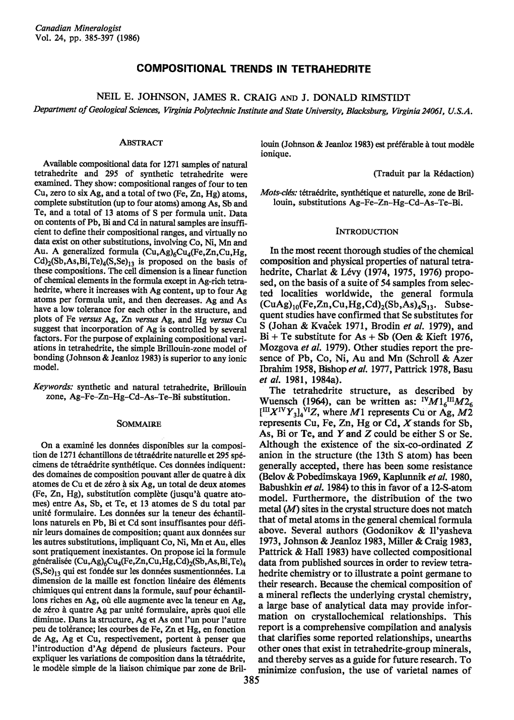 Compositional Trends in Tetrahedrite