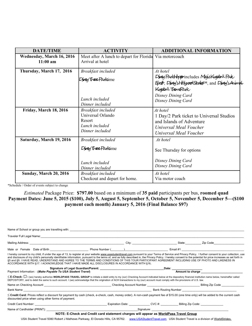 USA Student Travel - FL Itinerary & Registration Template