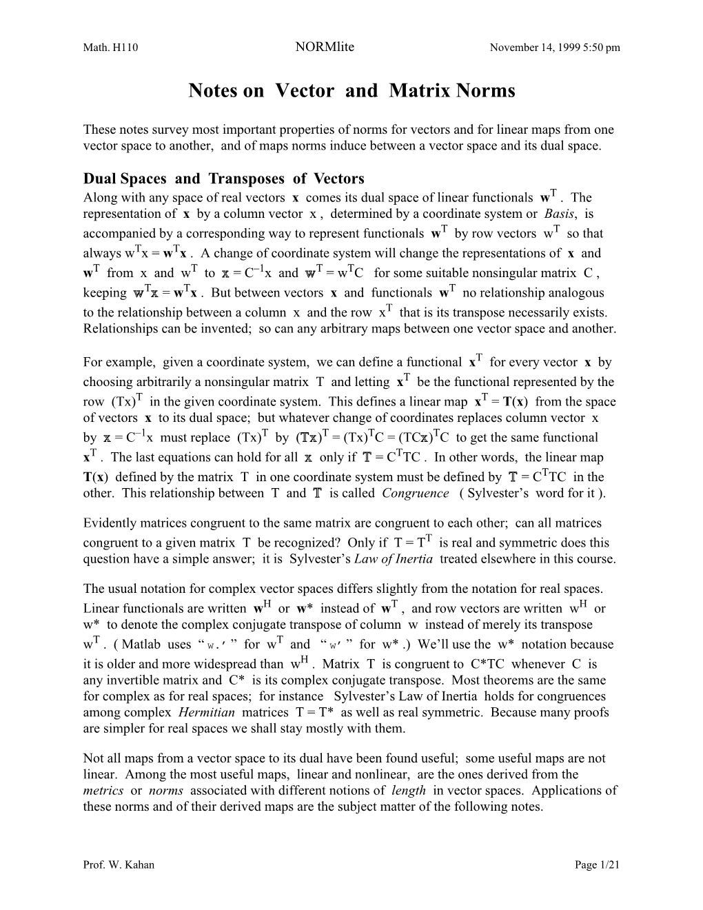 Notes on Vector and Matrix Norms