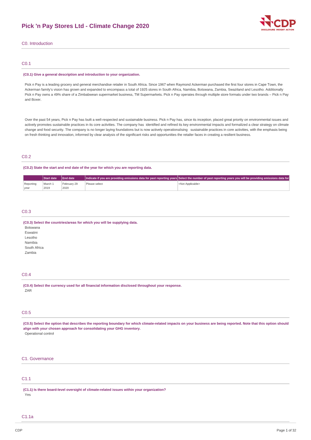 Pick 'N Pay Stores Ltd - Climate Change 2020