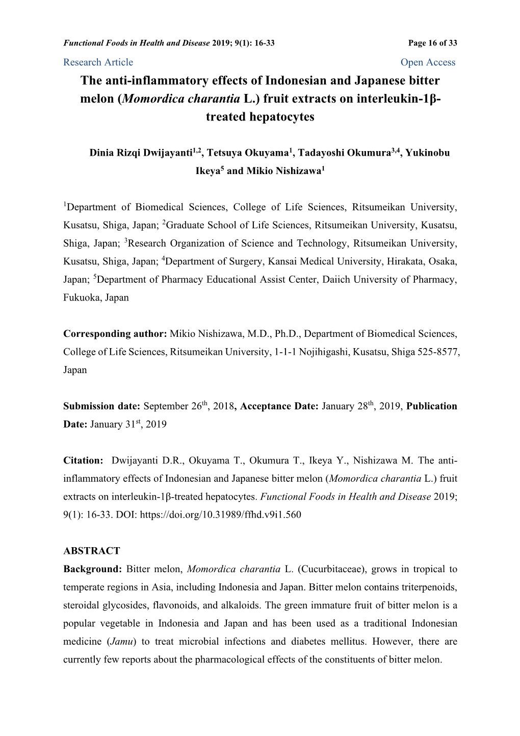 The Anti-Inflammatory Effects of Indonesian and Japanese Bitter Melon (Momordica Charantia L.) Fruit Extracts on Interleukin-1Β- Treated Hepatocytes