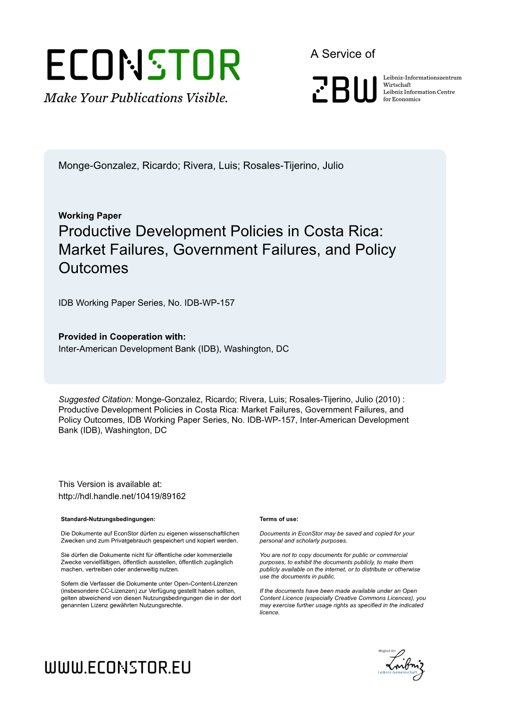Productive Development Policies in Costa Rica: Market Failures, Government Failures, and Policy Outcomes