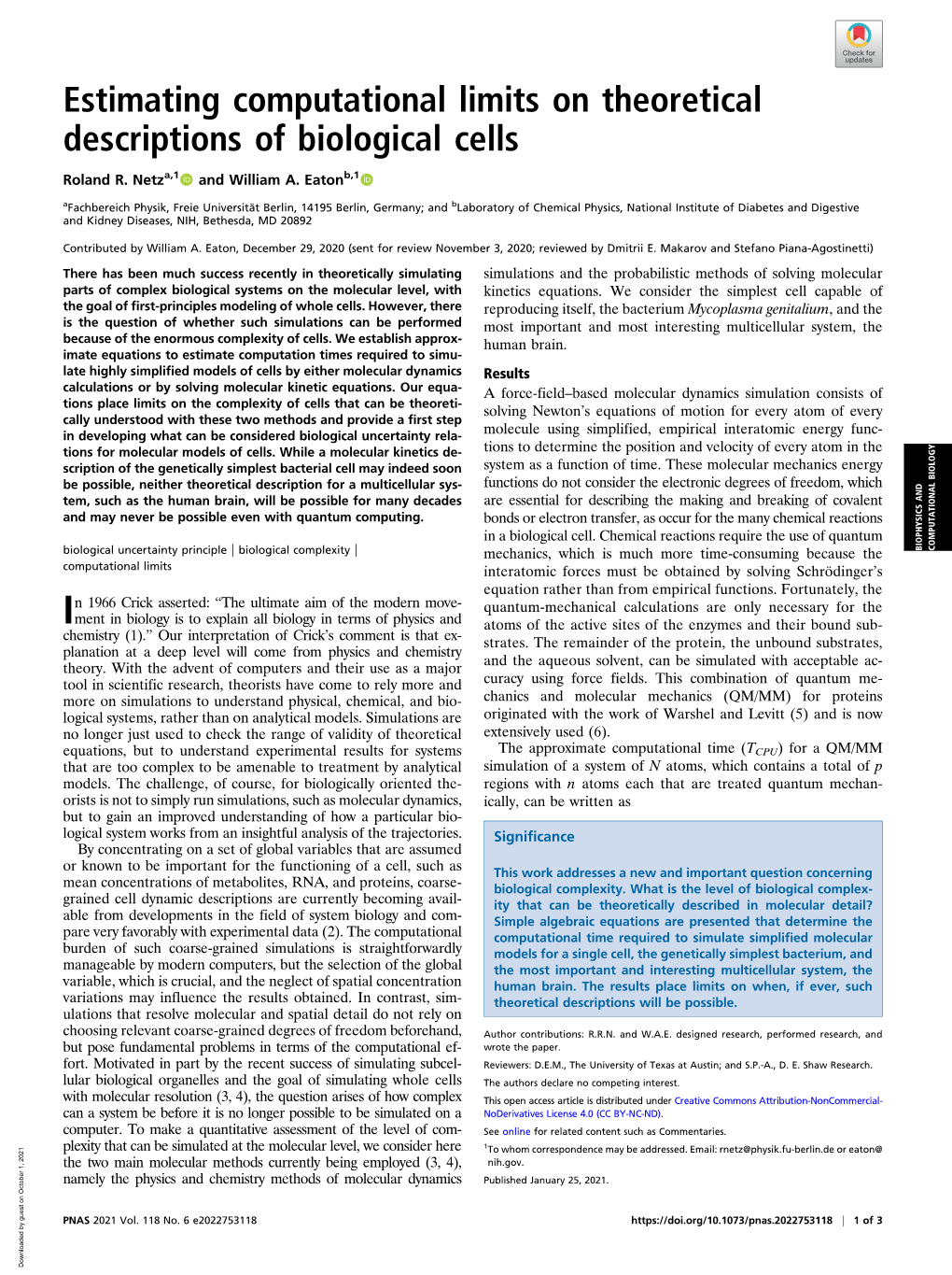 Estimating Computational Limits on Theoretical Descriptions of Biological Cells