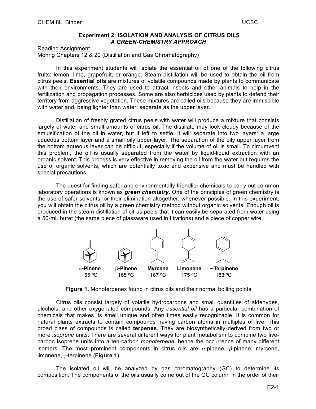 Exp 2 Isolation and Analysis Name ______Of Citrus Oils Due Date for Report in Syllabus