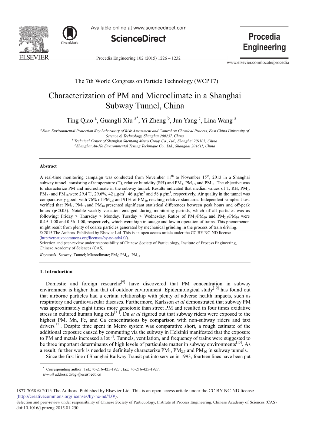 Characterization of PM and Microclimate in a Shanghai Subway Tunnel, China