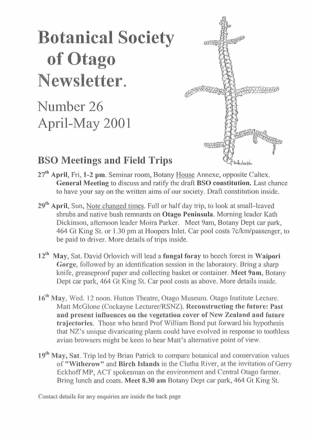 Botanical Society of Otago Newsletter. Number 26 April-May 2001