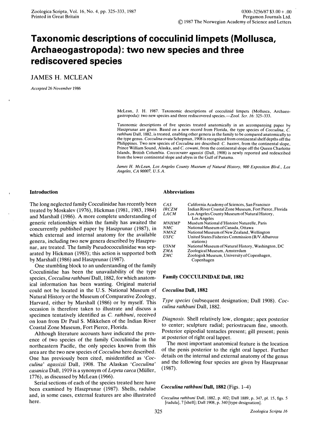 Taxonomic Descriptions of Cocculinid Limpets (Mollusca, Archaeogastropoda): Two New Species and Three Rediscovered Species