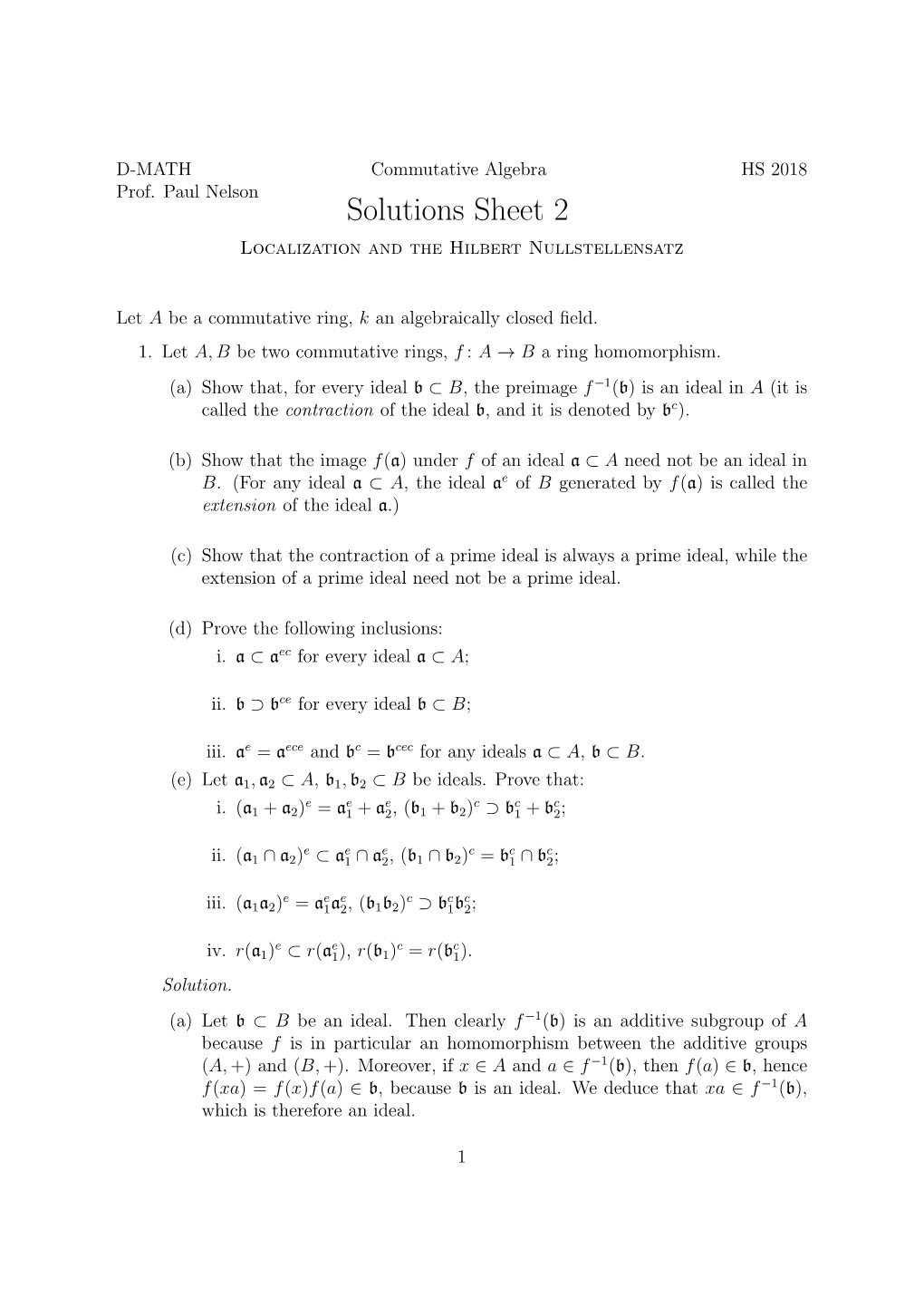Solutions Sheet 2 Localization and the Hilbert Nullstellensatz