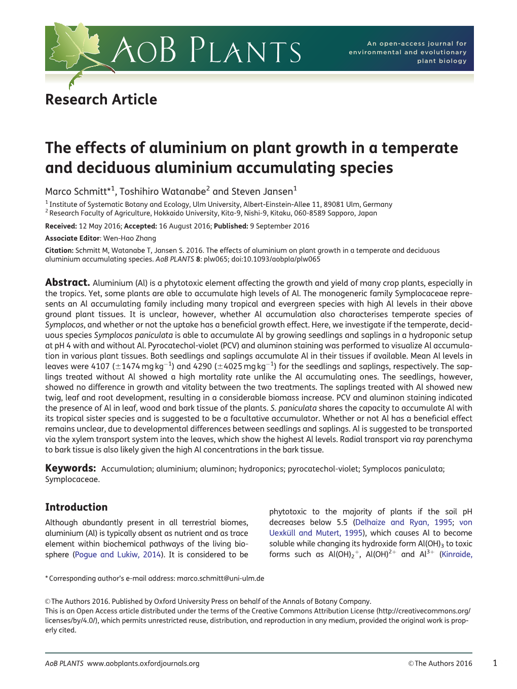 The Effects of Aluminium on Plant Growth in a Temperate and Deciduous Aluminium Accumulating Species