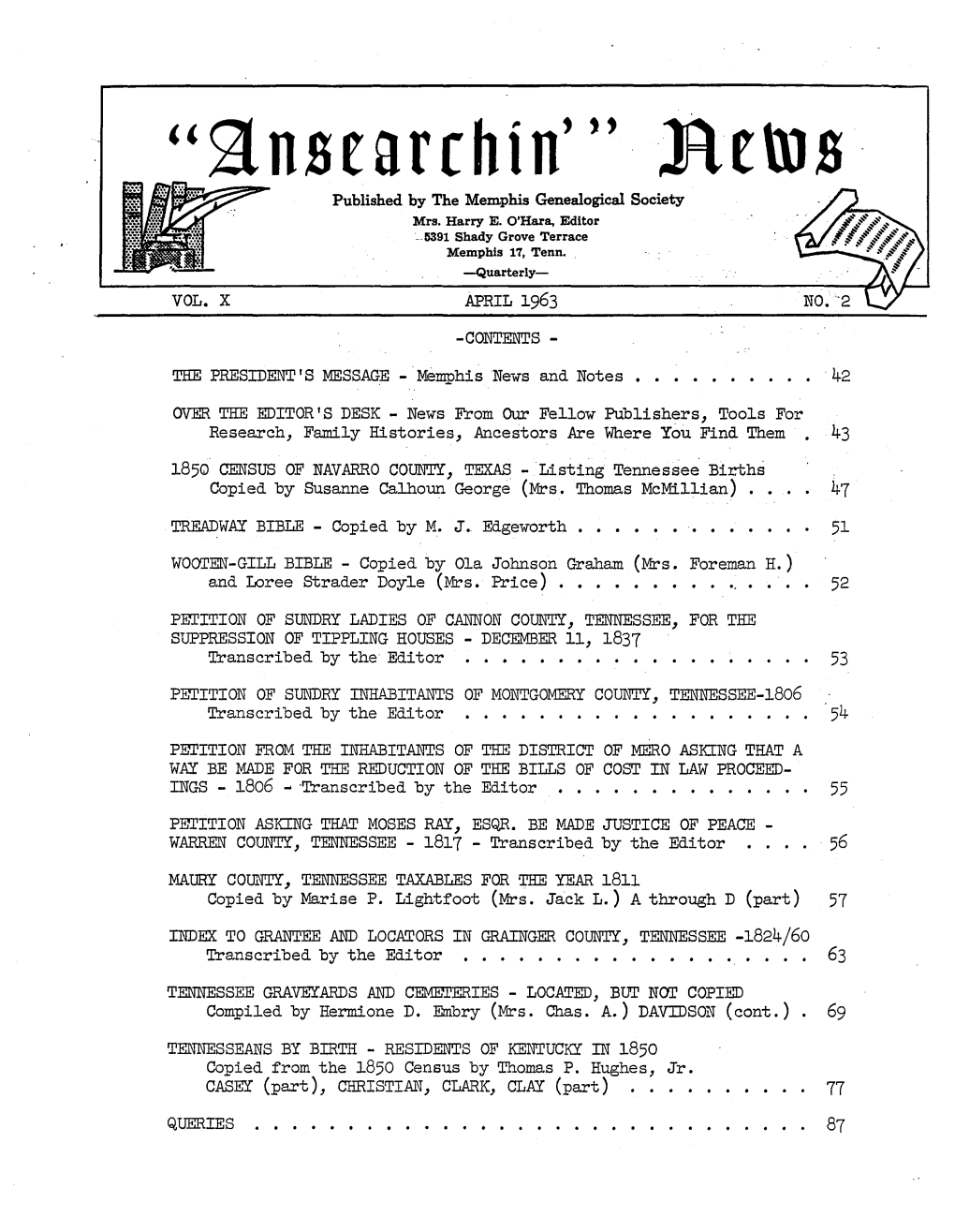 " 5!Nscarrhin'''· Rcms Published by the Memphis Genealogical Society Mrs