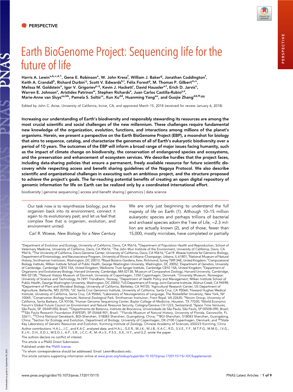 Earth Biogenome Project: Sequencing Life for the Future of Life PERSPECTIVE Harris A