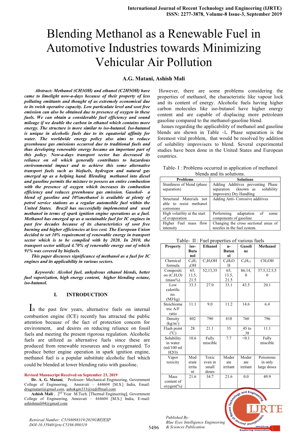 Blending Methanol As a Renewable Fuel in Automotive Industries Towards Minimizing Vehicular Air Pollution