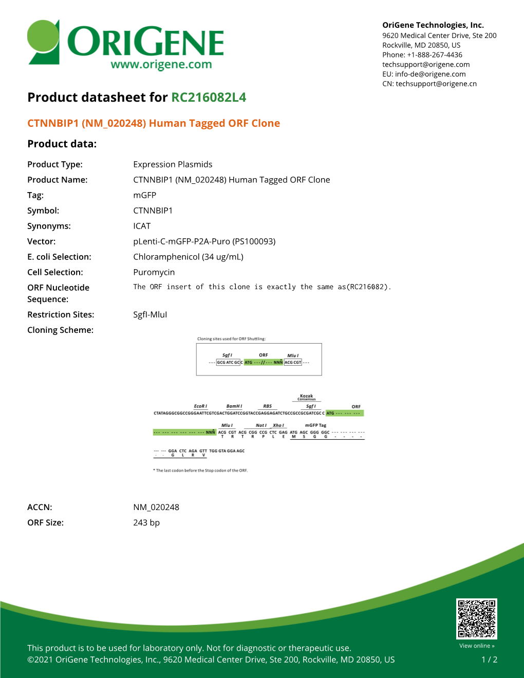 CTNNBIP1 (NM 020248) Human Tagged ORF Clone – RC216082L4 | Origene
