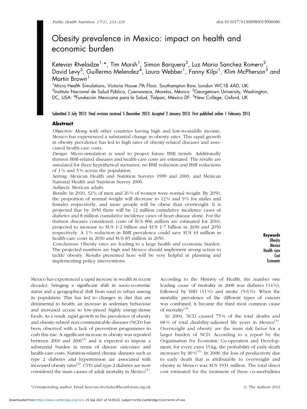 Obesity Prevalence in Mexico: Impact on Health and Economic Burden