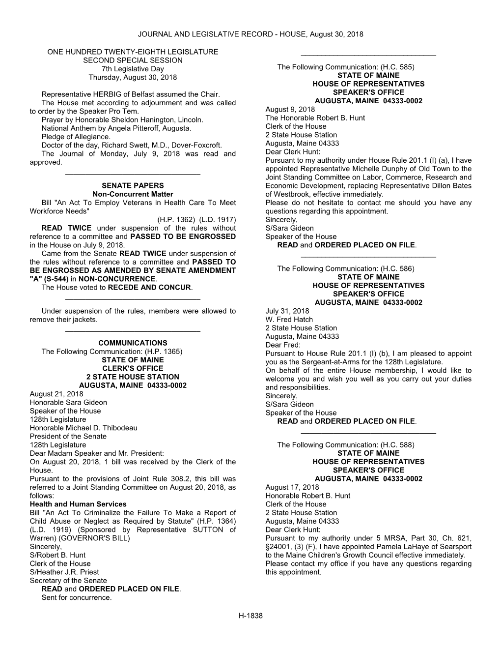 JOURNAL and LEGISLATIVE RECORD - HOUSE, August 30, 2018