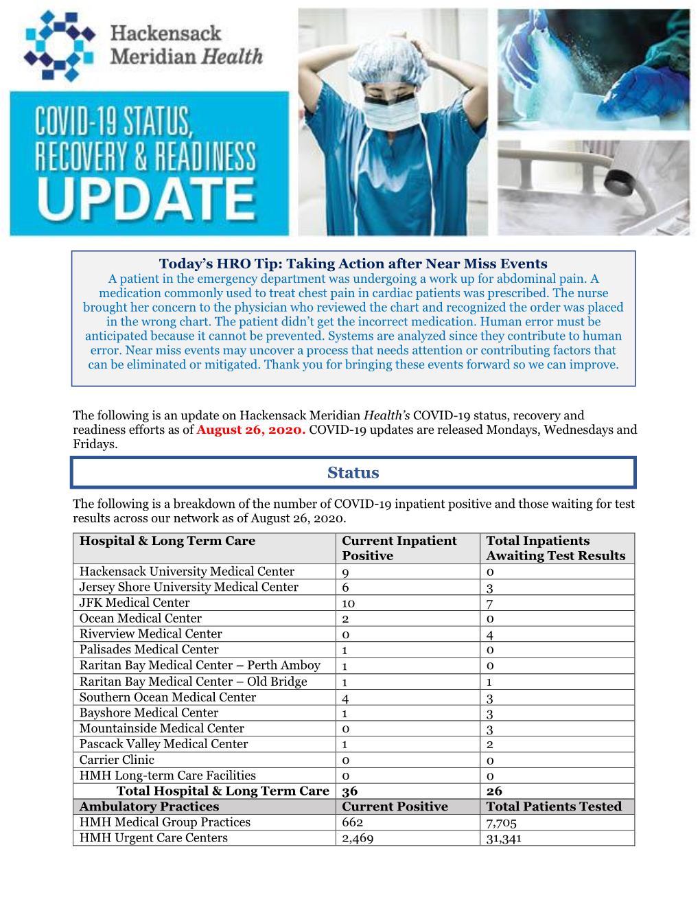 Status, Recovery and Readiness Efforts As of August 26, 2020